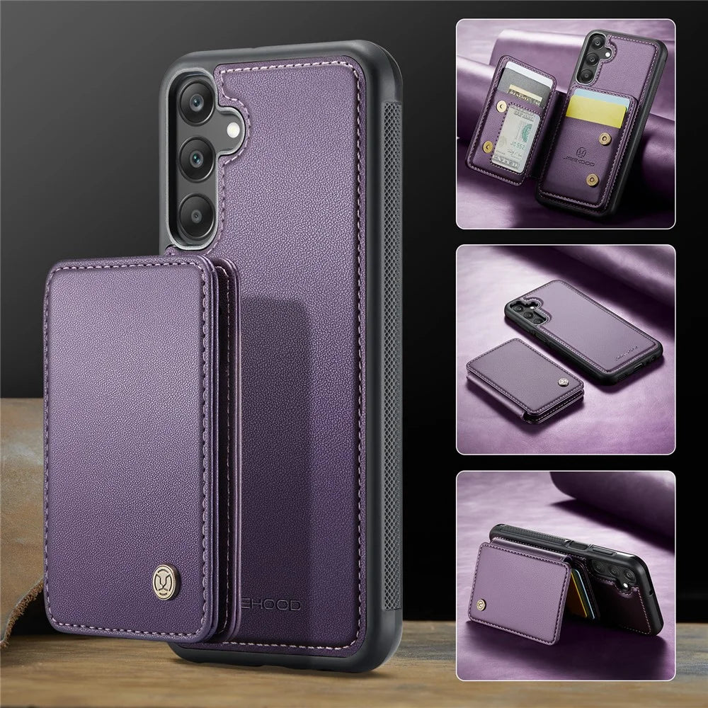JEEHOOD J05 For Samsung Galaxy A25 5G (Global) (161.0 x 76.5 x 8.3mm) Case Leather Mobile Cover with Detachable Magnetic Card Bag - Purple - 6