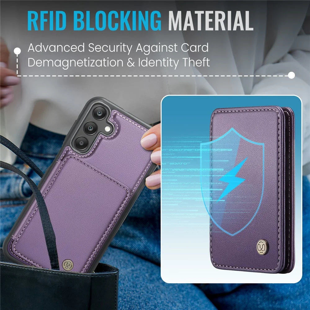 JEEHOOD J05 For Samsung Galaxy A25 5G (Global) (161.0 x 76.5 x 8.3mm) Case Leather Mobile Cover with Detachable Magnetic Card Bag - Purple - 7