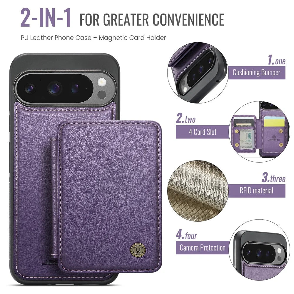 JEEHOOD J05 For Google Pixel 9 Pro XL Case Leather Mobile Cover with Detachable Magnetic Card Bag - Purple - 4