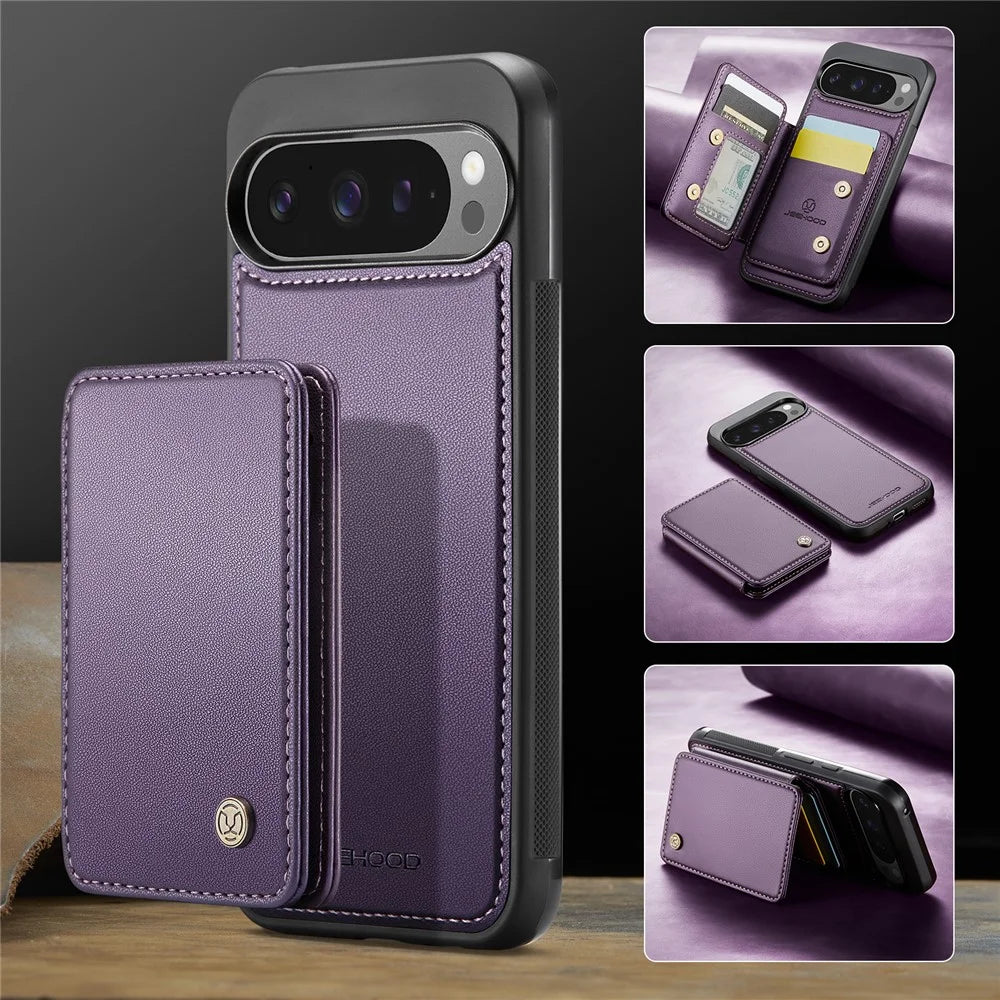 JEEHOOD J05 For Google Pixel 9 Pro XL Case Leather Mobile Cover with Detachable Magnetic Card Bag - Purple - 6
