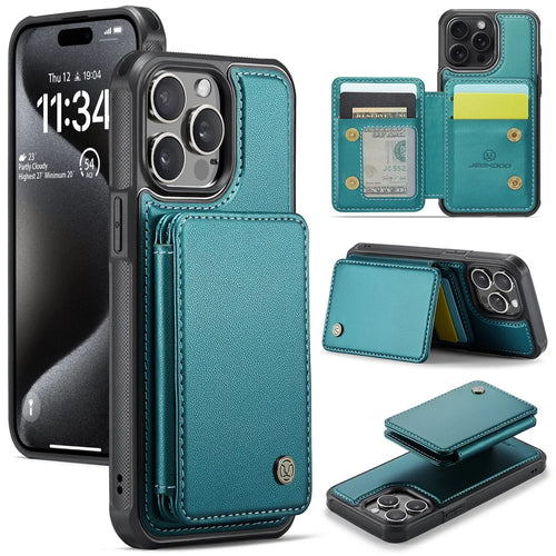 JEEHOOD J05 For iPhone 16 Pro Max Case Leather Mobile Cover with Detachable Magnetic Card Bag - Cyan - 1