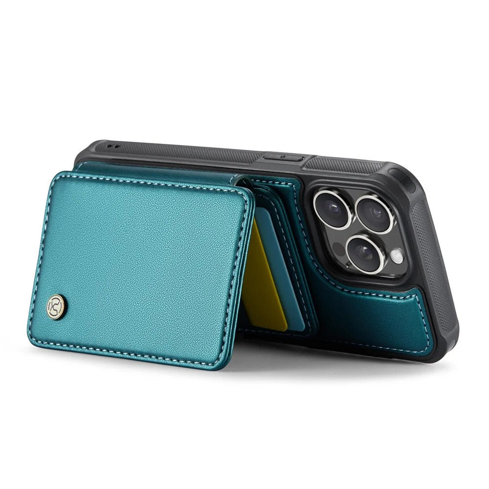 JEEHOOD J05 For iPhone 16 Pro Max Case Leather Mobile Cover with Detachable Magnetic Card Bag - Cyan - 3