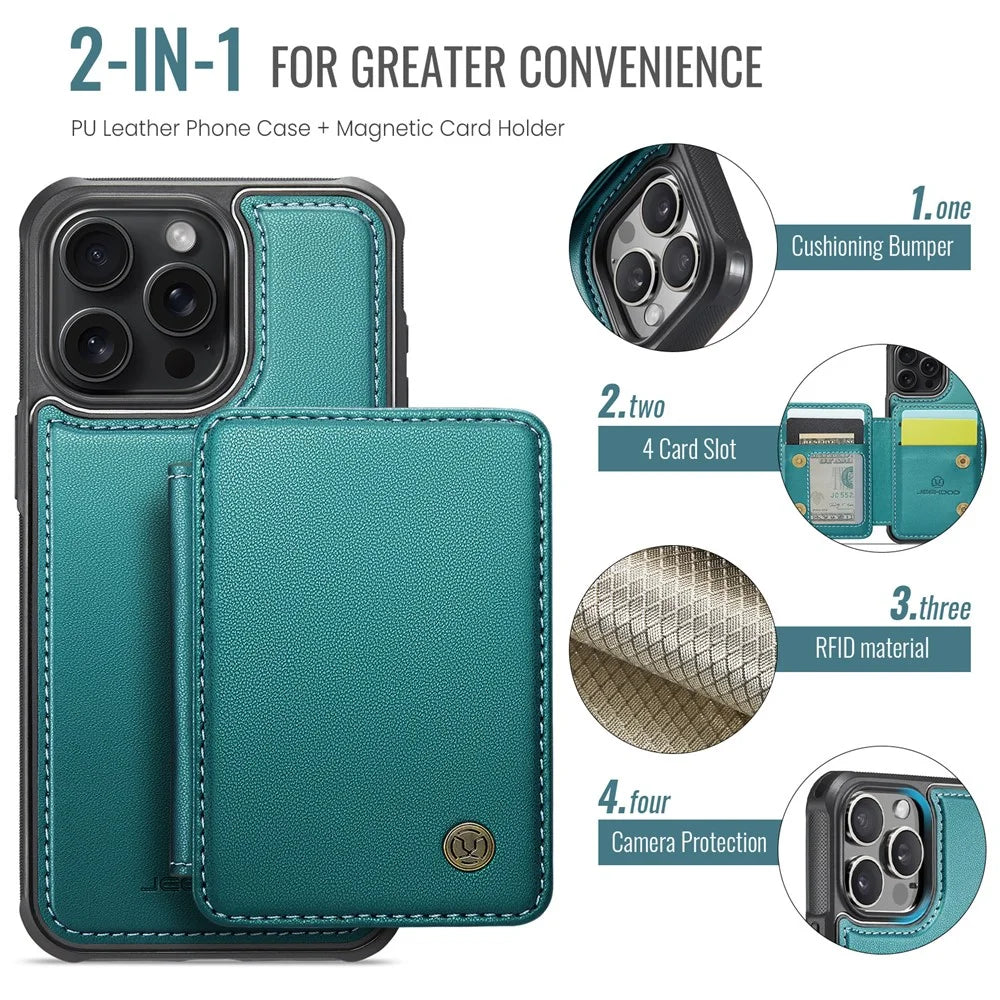 JEEHOOD J05 For iPhone 16 Pro Max Case Leather Mobile Cover with Detachable Magnetic Card Bag - Cyan - 4