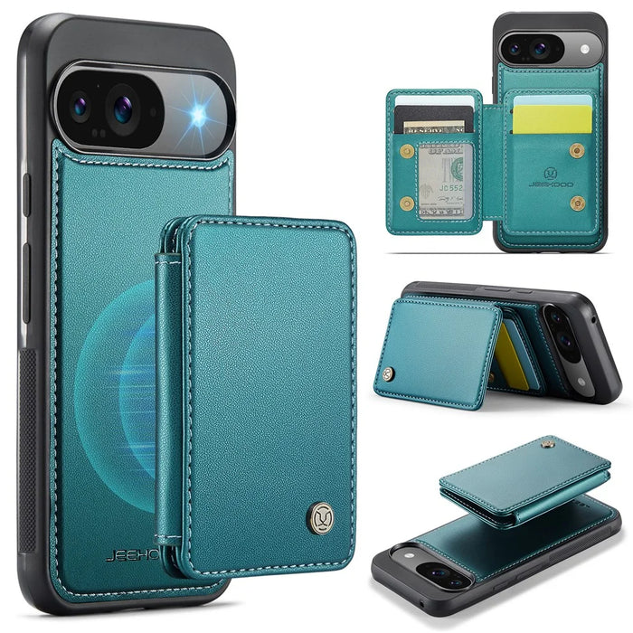 JEEHOOD J05 For Google Pixel 9 / Pixel 9 Pro Case Leather Mobile Cover with Detachable Magnetic Card Bag - Cyan - 1
