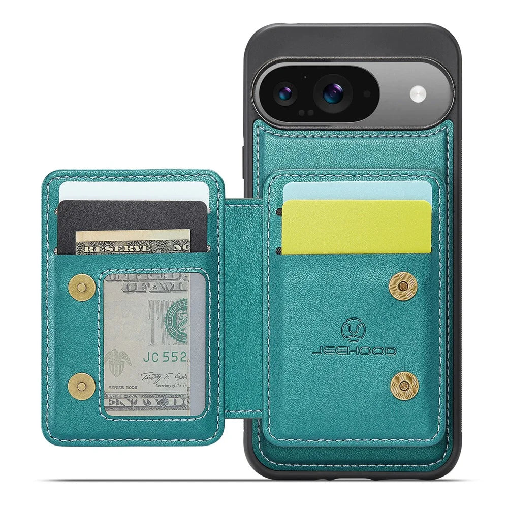 JEEHOOD J05 For Google Pixel 9 / Pixel 9 Pro Case Leather Mobile Cover with Detachable Magnetic Card Bag - Cyan - 2