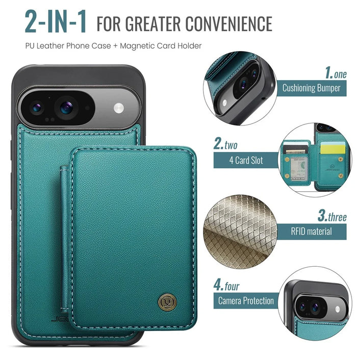 JEEHOOD J05 For Google Pixel 9 / Pixel 9 Pro Case Leather Mobile Cover with Detachable Magnetic Card Bag - Cyan - 4