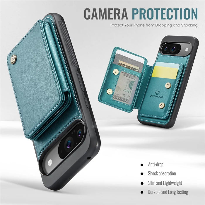 JEEHOOD J05 For Google Pixel 9 / Pixel 9 Pro Case Leather Mobile Cover with Detachable Magnetic Card Bag - Cyan - 5