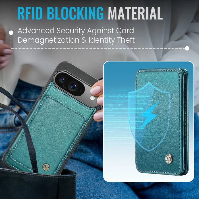 JEEHOOD J05 For Google Pixel 9 / Pixel 9 Pro Case Leather Mobile Cover with Detachable Magnetic Card Bag - Cyan - 7
