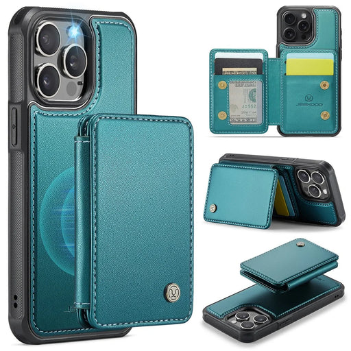 JEEHOOD J05 For iPhone 16 Pro Case Leather Mobile Cover with Detachable Magnetic Card Bag - Cyan - 1
