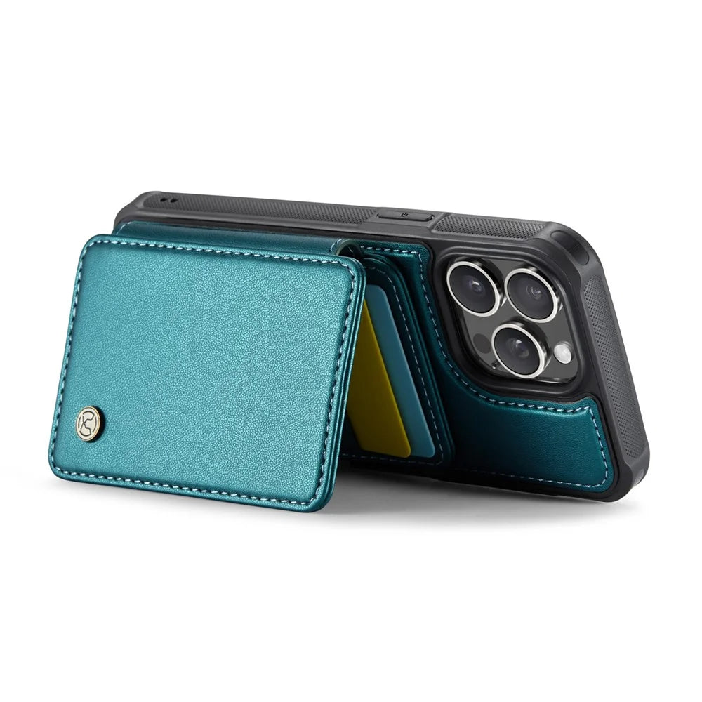 JEEHOOD J05 For iPhone 16 Pro Case Leather Mobile Cover with Detachable Magnetic Card Bag - Cyan - 3