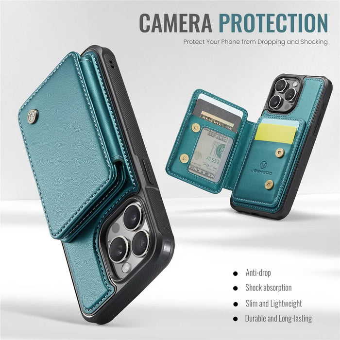 JEEHOOD J05 For iPhone 16 Pro Case Leather Mobile Cover with Detachable Magnetic Card Bag - Cyan - 5