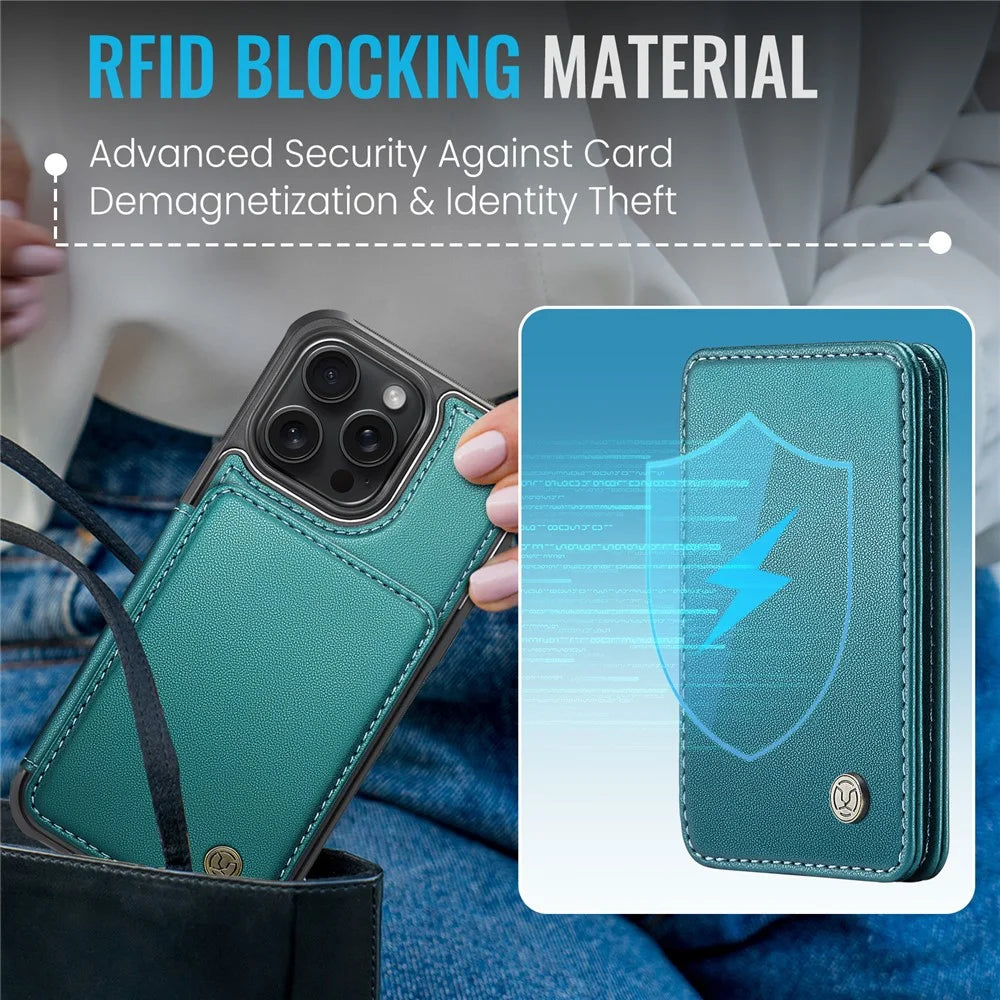 JEEHOOD J05 For iPhone 16 Pro Case Leather Mobile Cover with Detachable Magnetic Card Bag - Cyan - 7