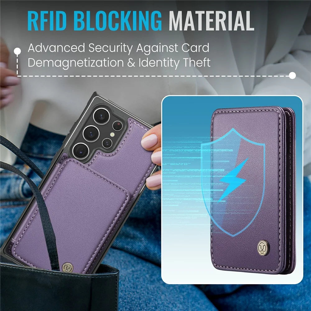 JEEHOOD J05 For Samsung Galaxy S23 Ultra Case Leather Mobile Cover with Detachable Magnetic Card Bag - Purple - 7