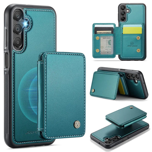 JEEHOOD J05 For Samsung Galaxy A15 4G / 5G Case Leather Mobile Cover with Detachable Magnetic Card Bag - Cyan - 1