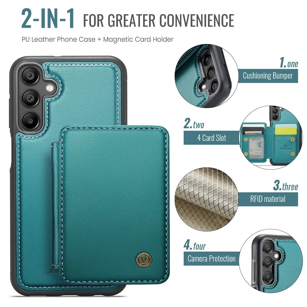 JEEHOOD J05 For Samsung Galaxy A15 4G / 5G Case Leather Mobile Cover with Detachable Magnetic Card Bag - Cyan - 5