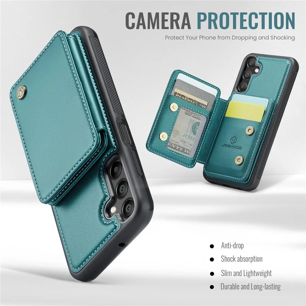 JEEHOOD J05 For Samsung Galaxy A15 4G / 5G Case Leather Mobile Cover with Detachable Magnetic Card Bag - Cyan - 6