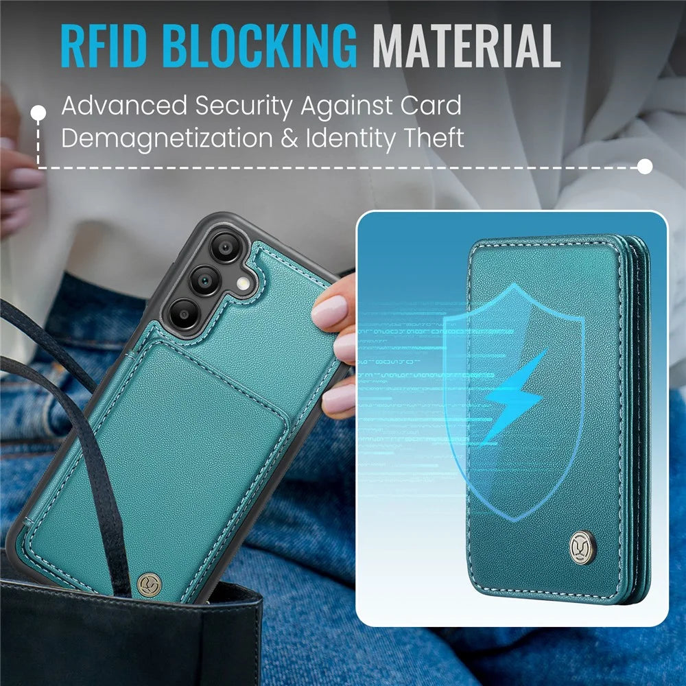 JEEHOOD J05 For Samsung Galaxy A15 4G / 5G Case Leather Mobile Cover with Detachable Magnetic Card Bag - Cyan - 7