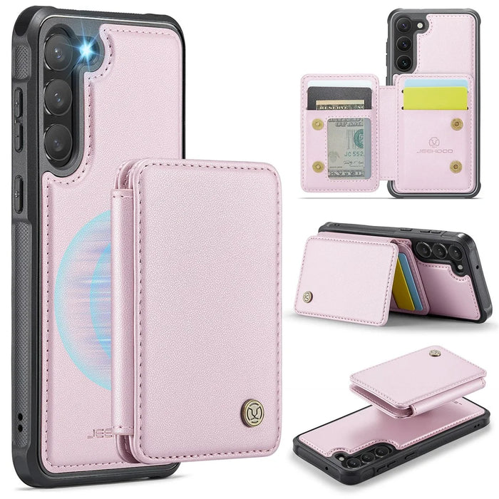 JEEHOOD J05 For Samsung Galaxy S23 Case Leather Mobile Cover with Detachable Magnetic Card Bag - Pink - 1
