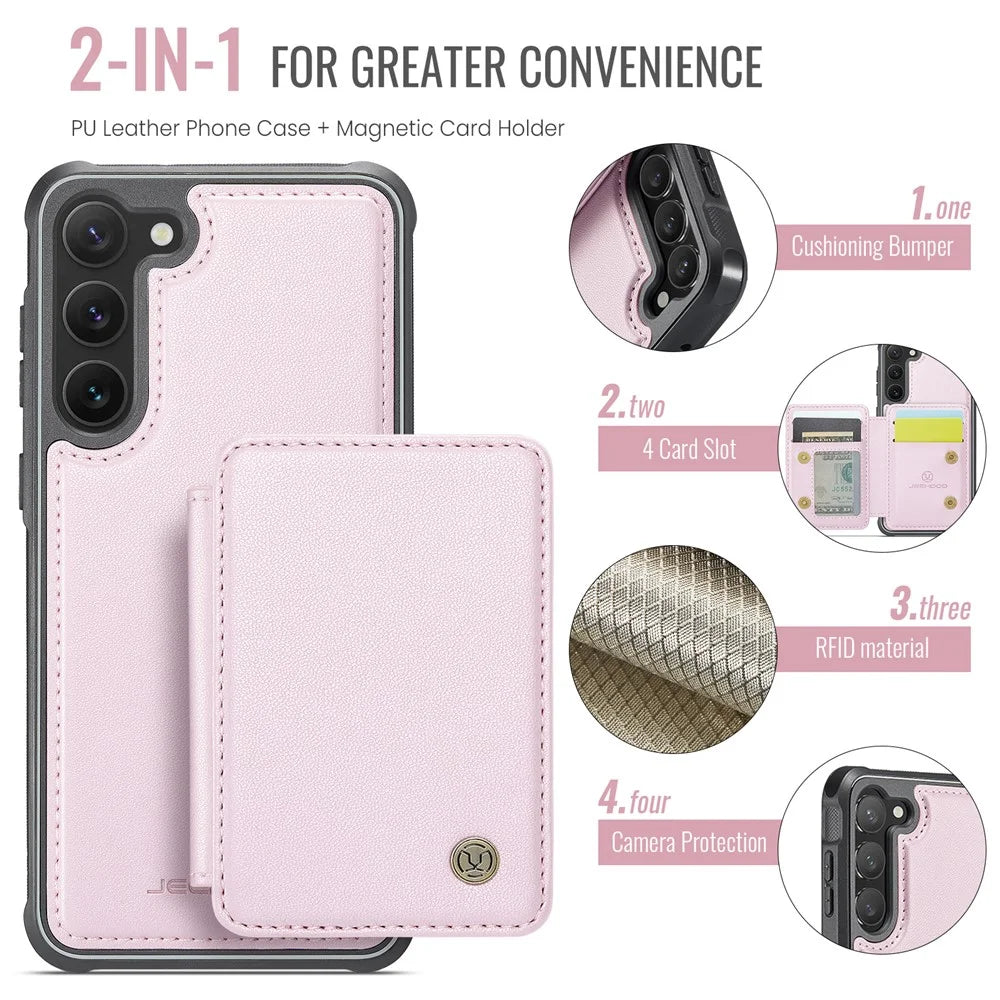 JEEHOOD J05 For Samsung Galaxy S23 Case Leather Mobile Cover with Detachable Magnetic Card Bag - Pink - 5