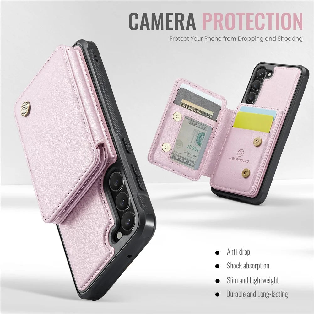 JEEHOOD J05 For Samsung Galaxy S23 Case Leather Mobile Cover with Detachable Magnetic Card Bag - Pink - 6