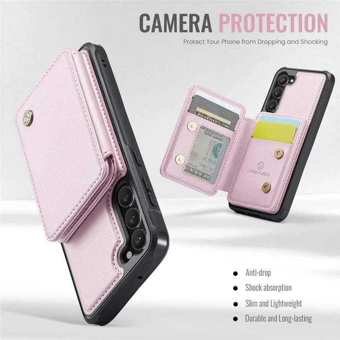 JEEHOOD J05 For Samsung Galaxy S23 Case Leather Mobile Cover with Detachable Magnetic Card Bag - Pink - 6