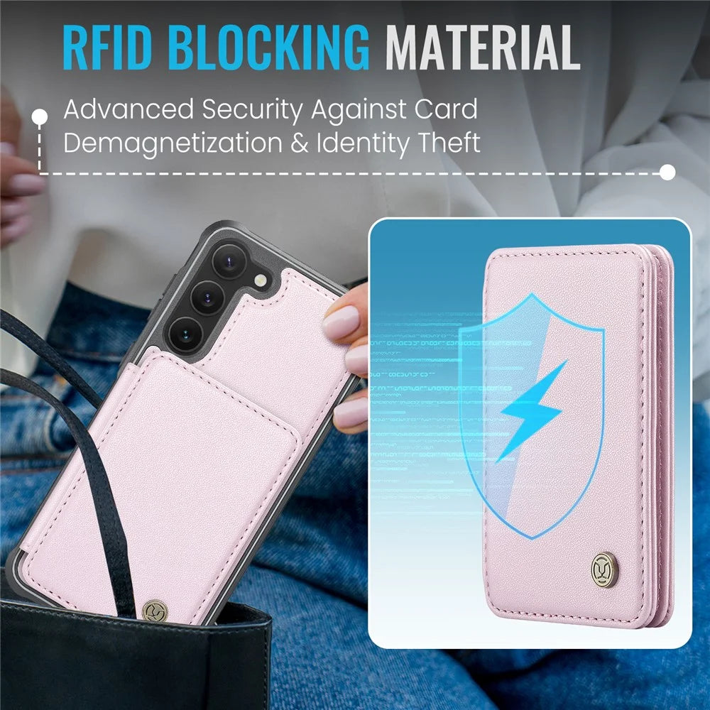 JEEHOOD J05 For Samsung Galaxy S23 Case Leather Mobile Cover with Detachable Magnetic Card Bag - Pink - 7