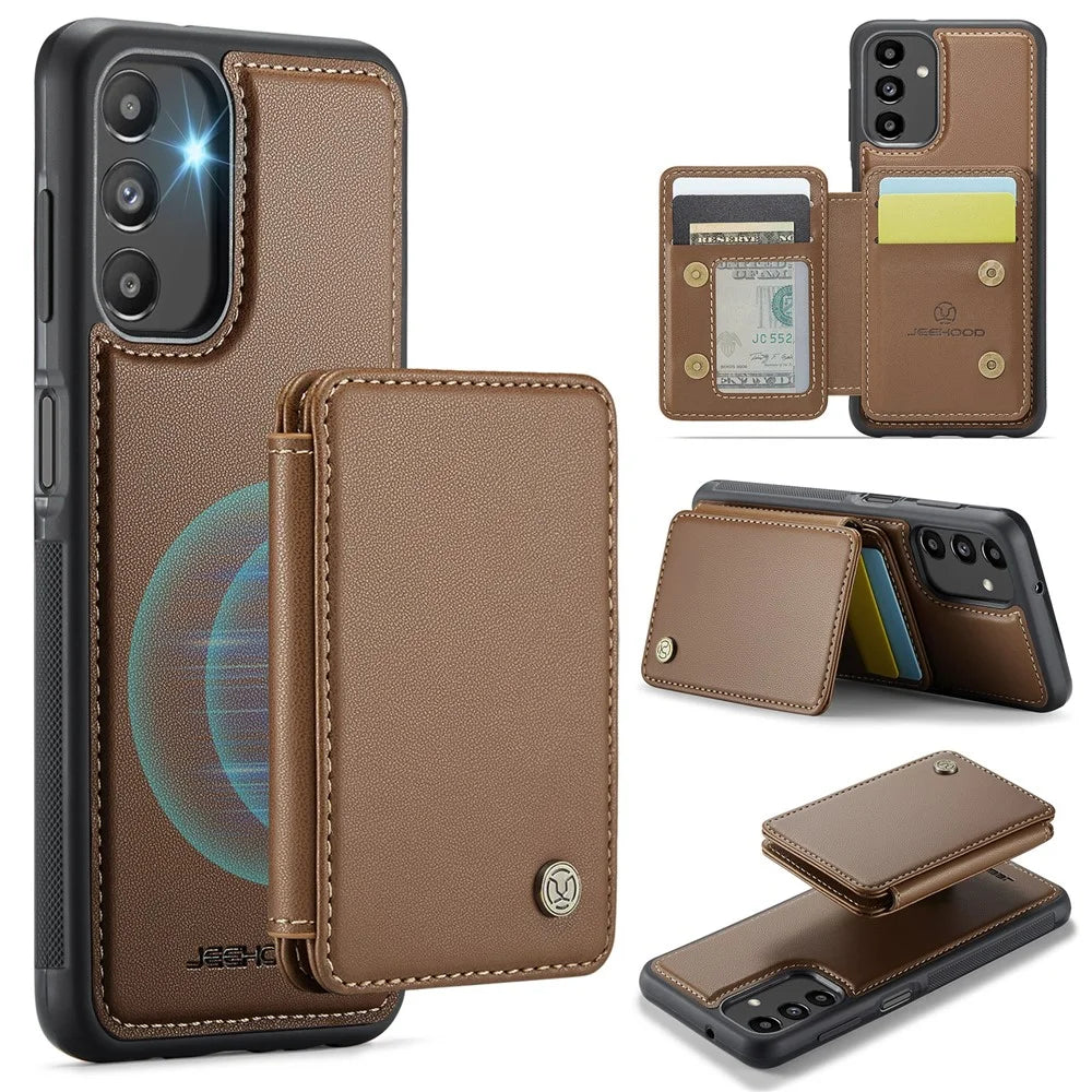 JEEHOOD J05 For Samsung Galaxy A13 5G Case Leather Mobile Cover with Detachable Magnetic Card Bag - Brown - 1