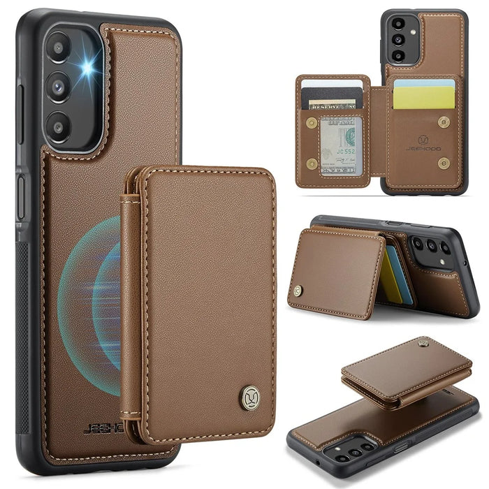 JEEHOOD J05 For Samsung Galaxy A13 5G Case Leather Mobile Cover with Detachable Magnetic Card Bag - Brown - 1