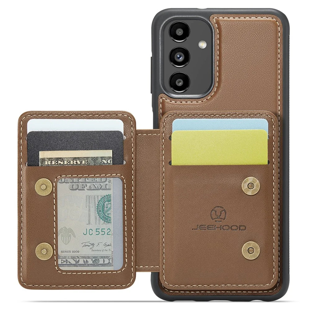 JEEHOOD J05 For Samsung Galaxy A13 5G Case Leather Mobile Cover with Detachable Magnetic Card Bag - Brown - 2