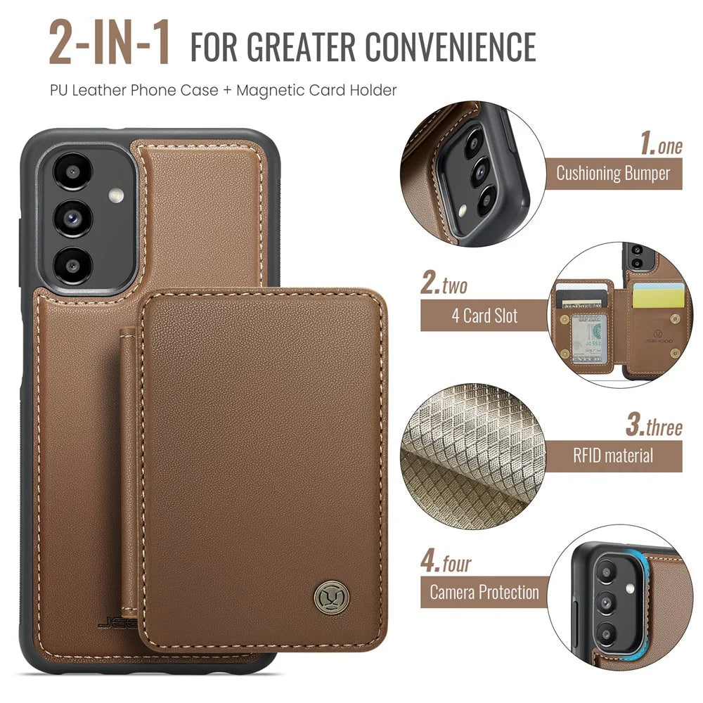 JEEHOOD J05 For Samsung Galaxy A13 5G Case Leather Mobile Cover with Detachable Magnetic Card Bag - Brown - 5