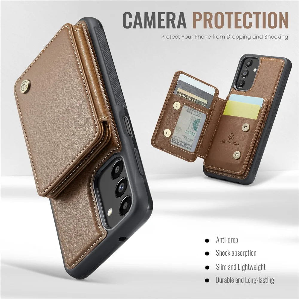 JEEHOOD J05 For Samsung Galaxy A13 5G Case Leather Mobile Cover with Detachable Magnetic Card Bag - Brown - 6