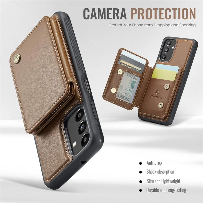 JEEHOOD J05 For Samsung Galaxy A13 5G Case Leather Mobile Cover with Detachable Magnetic Card Bag - Brown - 6
