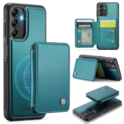 JEEHOOD J05 For Samsung Galaxy A14 4G / 5G Case Leather Mobile Cover with Detachable Magnetic Card Bag - Cyan - 1