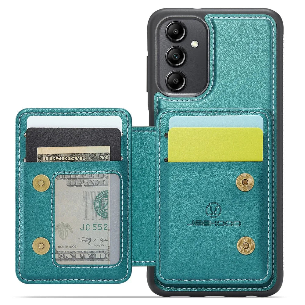 JEEHOOD J05 For Samsung Galaxy A14 4G / 5G Case Leather Mobile Cover with Detachable Magnetic Card Bag - Cyan - 2