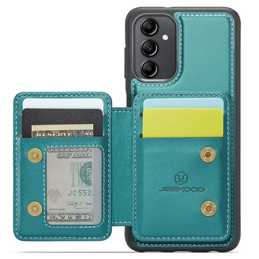 JEEHOOD J05 For Samsung Galaxy A14 4G / 5G Case Leather Mobile Cover with Detachable Magnetic Card Bag - Cyan - 2
