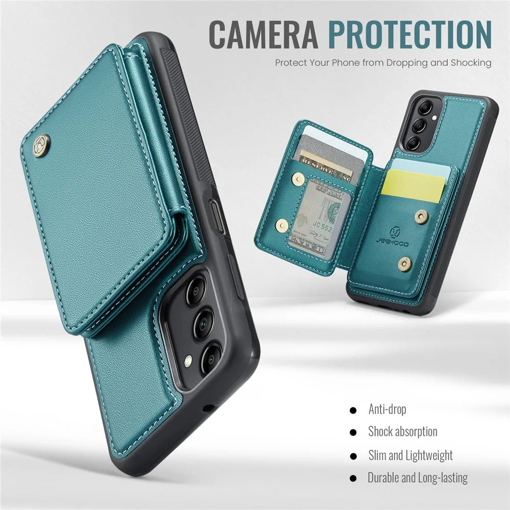 JEEHOOD J05 For Samsung Galaxy A14 4G / 5G Case Leather Mobile Cover with Detachable Magnetic Card Bag - Cyan - 6