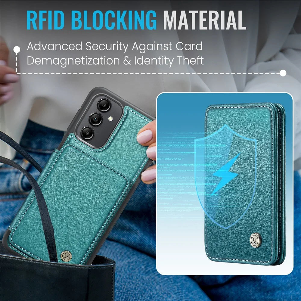 JEEHOOD J05 For Samsung Galaxy A14 4G / 5G Case Leather Mobile Cover with Detachable Magnetic Card Bag - Cyan - 7