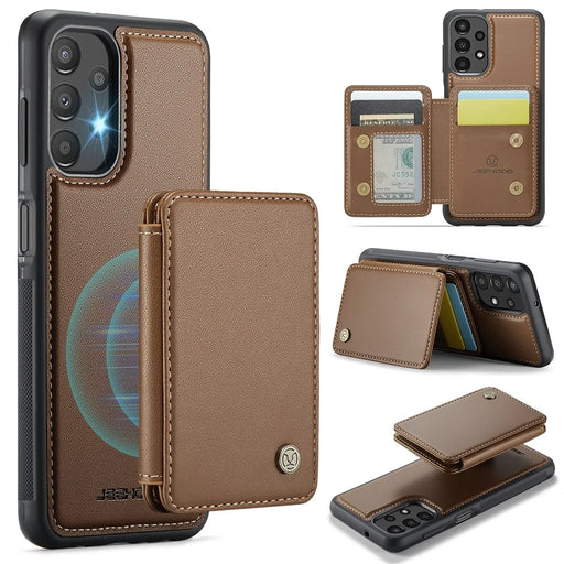 JEEHOOD J05 For Samsung Galaxy A13 4G Case Leather Mobile Cover with Detachable Magnetic Card Bag - Brown - 1