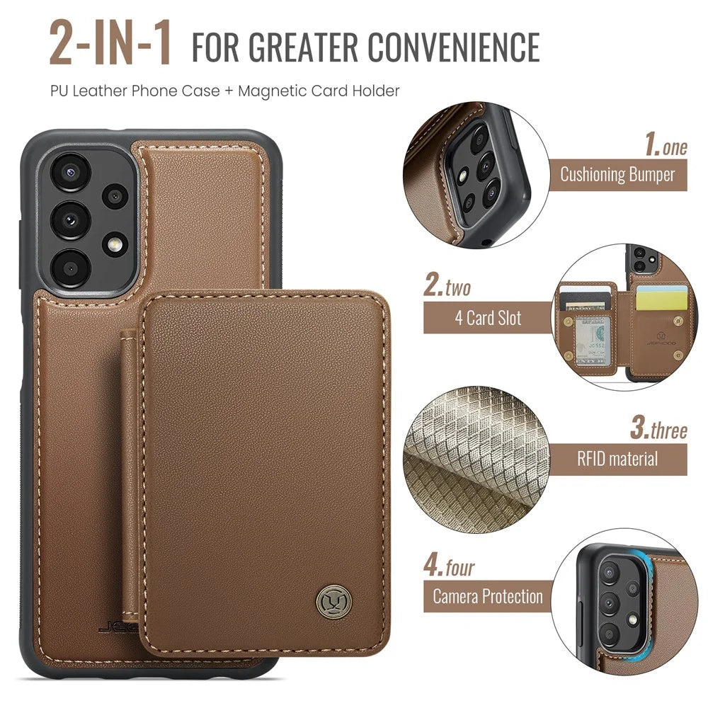 JEEHOOD J05 For Samsung Galaxy A13 4G Case Leather Mobile Cover with Detachable Magnetic Card Bag - Brown - 5