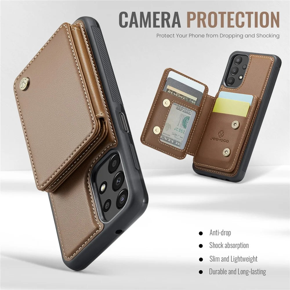 JEEHOOD J05 For Samsung Galaxy A13 4G Case Leather Mobile Cover with Detachable Magnetic Card Bag - Brown - 6