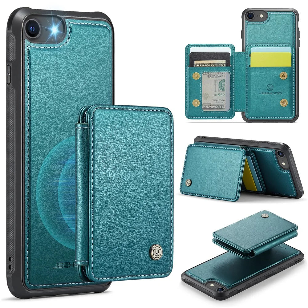 JEEHOOD J05 For iPhone SE (2022) / SE (2020) / 8 / 7 / 6s / 6 Case Leather Mobile Cover with Detachable Magnetic Card Bag - Cyan - 1