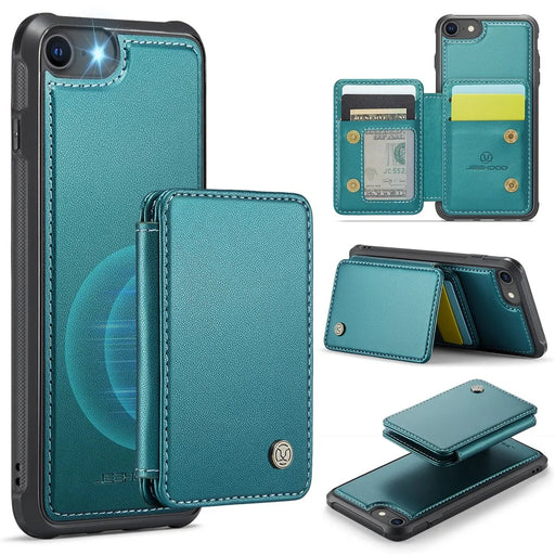 JEEHOOD J05 For iPhone SE (2022) / SE (2020) / 8 / 7 / 6s / 6 Case Leather Mobile Cover with Detachable Magnetic Card Bag - Cyan - 1