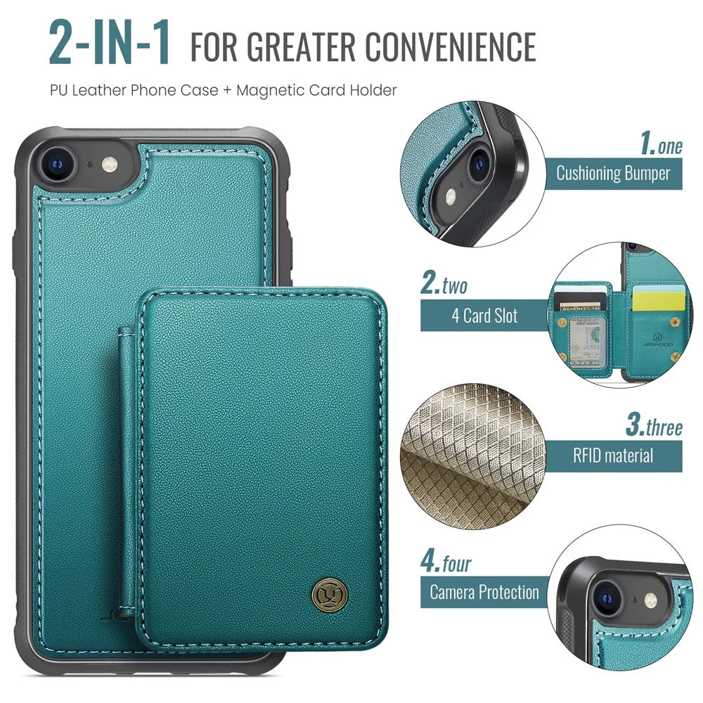JEEHOOD J05 For iPhone SE (2022) / SE (2020) / 8 / 7 / 6s / 6 Case Leather Mobile Cover with Detachable Magnetic Card Bag - Cyan - 5