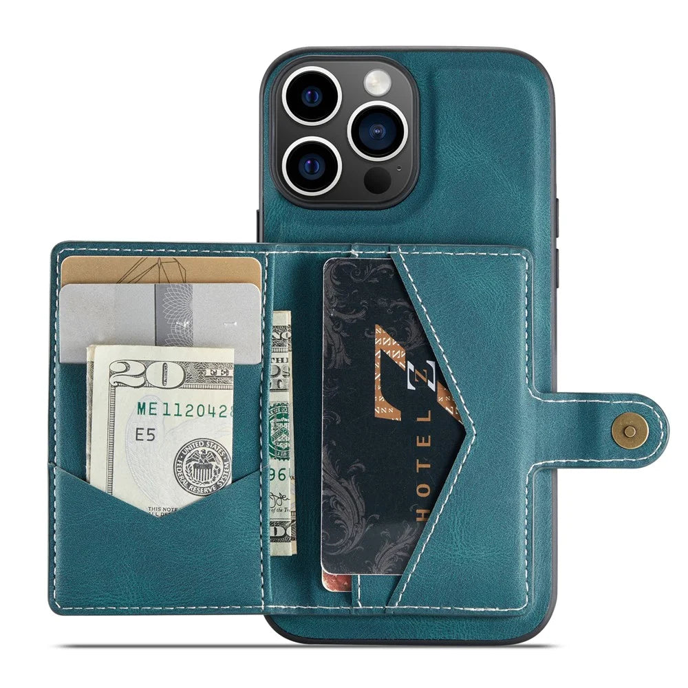 JEEHOOD J01 For iPhone 16 Pro Max Case Retro Leather + TPU Phone Cover Detachable Magnetic Card Holder - Blue - 2
