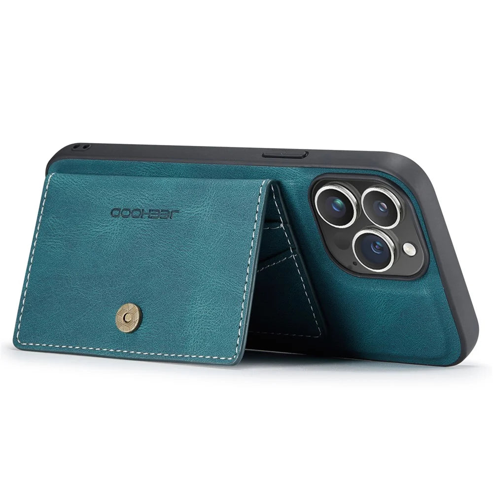 JEEHOOD J01 For iPhone 16 Pro Max Case Retro Leather + TPU Phone Cover Detachable Magnetic Card Holder - Blue - 3