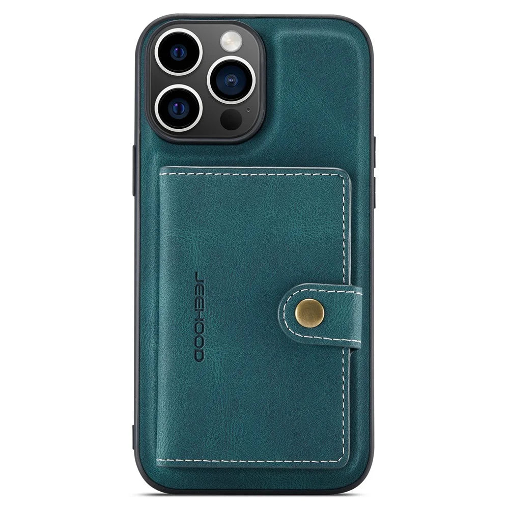 JEEHOOD J01 For iPhone 16 Pro Max Case Retro Leather + TPU Phone Cover Detachable Magnetic Card Holder - Blue - 4