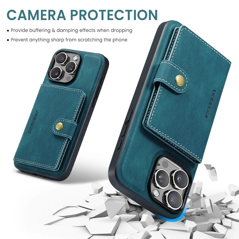 JEEHOOD J01 For iPhone 16 Pro Max Case Retro Leather + TPU Phone Cover Detachable Magnetic Card Holder - Blue - 6