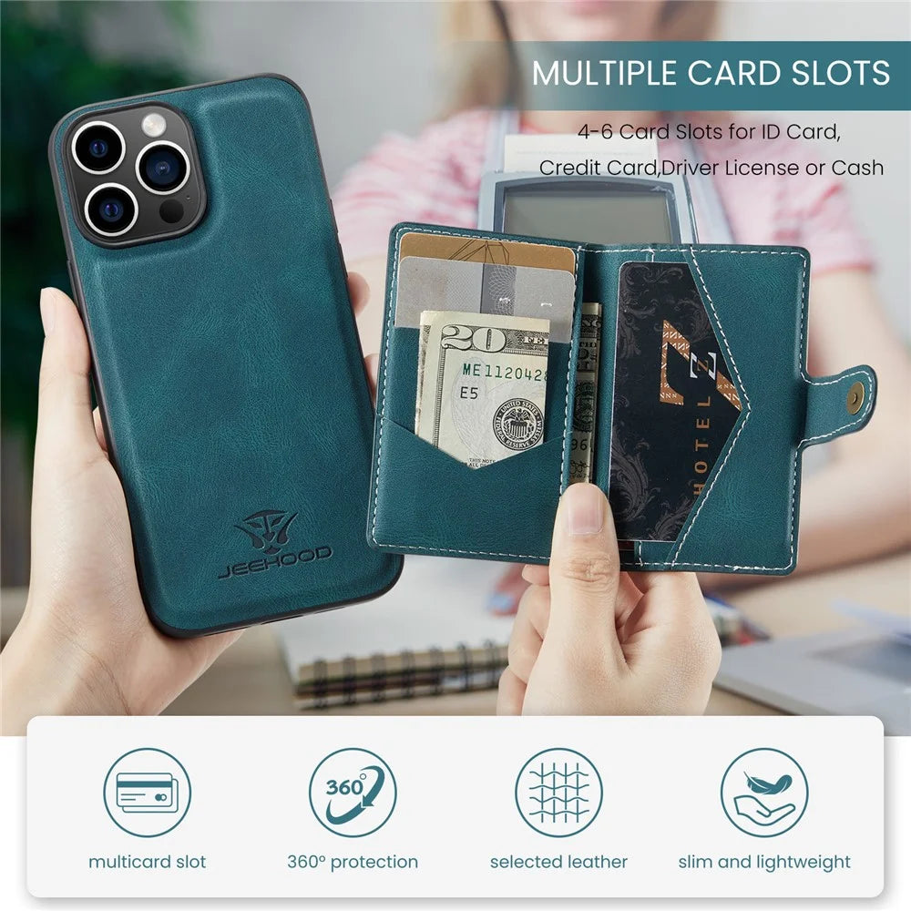 JEEHOOD J01 For iPhone 16 Pro Max Case Retro Leather + TPU Phone Cover Detachable Magnetic Card Holder - Blue - 7