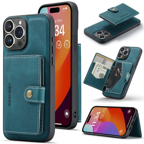 JEEHOOD J01 For iPhone 16 Pro Case Retro Leather + TPU Phone Cover Detachable Magnetic Card Holder - Blue - 1