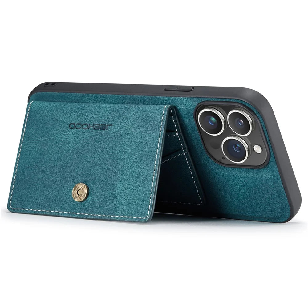 JEEHOOD J01 For iPhone 16 Pro Case Retro Leather + TPU Phone Cover Detachable Magnetic Card Holder - Blue - 3
